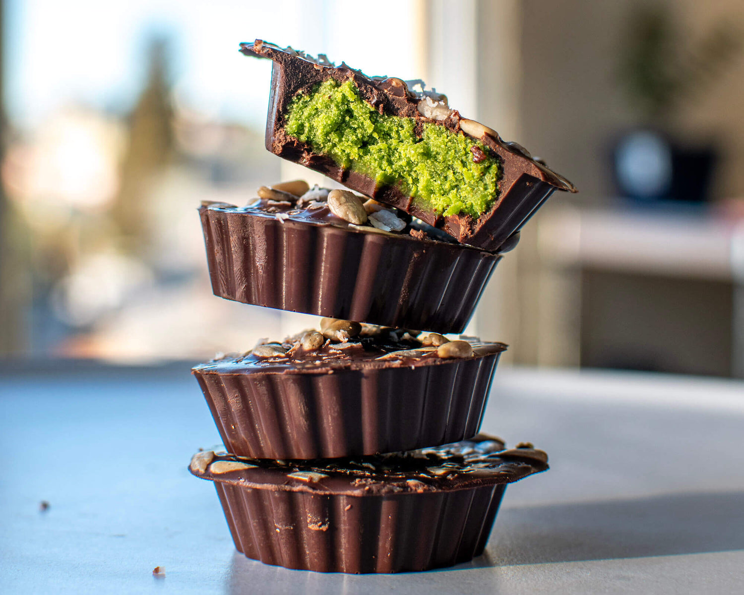 Chocolate Matcha Cups with Sprouted Sunflower Seeds