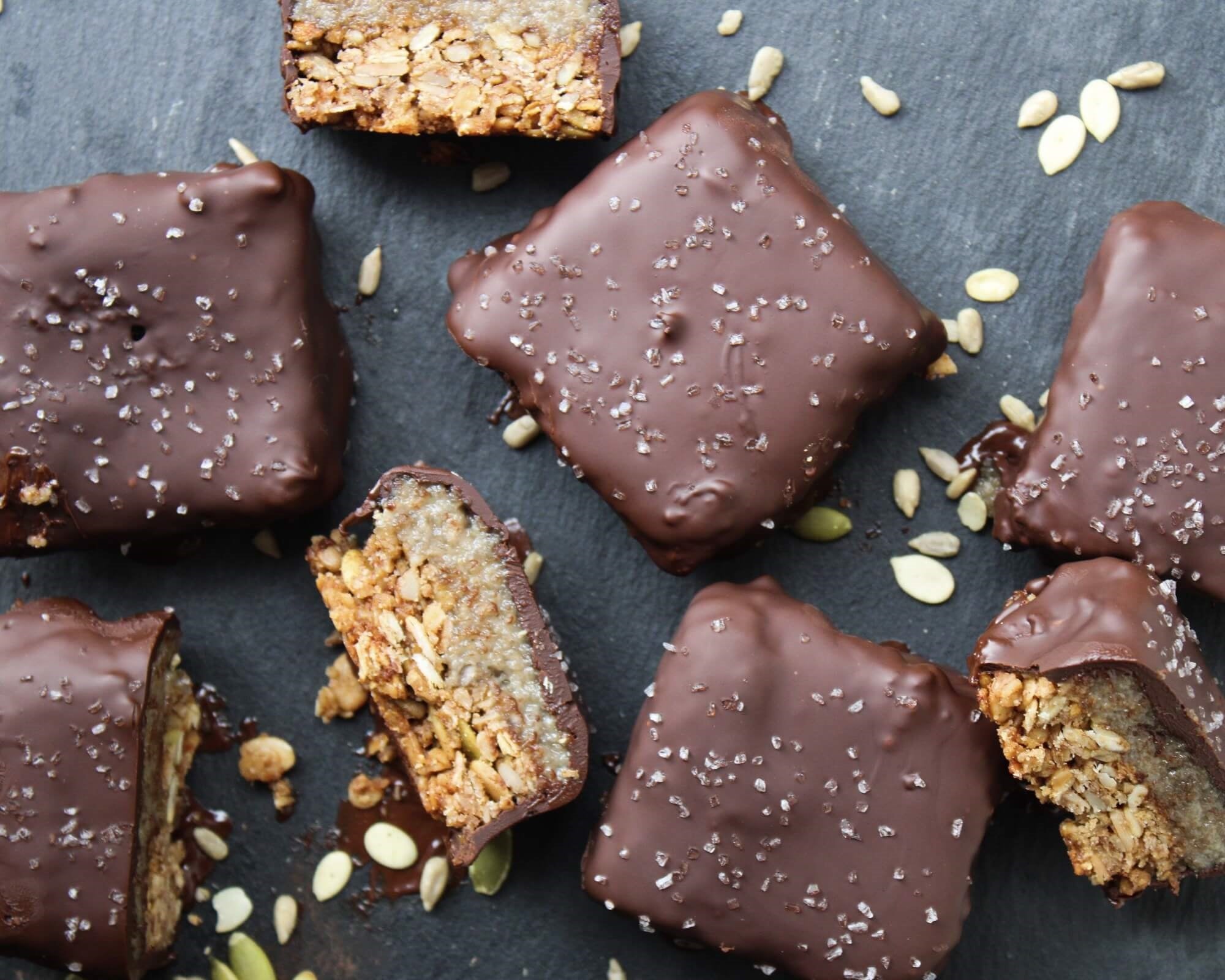 Chocolate Coated Sunbutter Granola Squares with Go Raw Sprouted Seeds