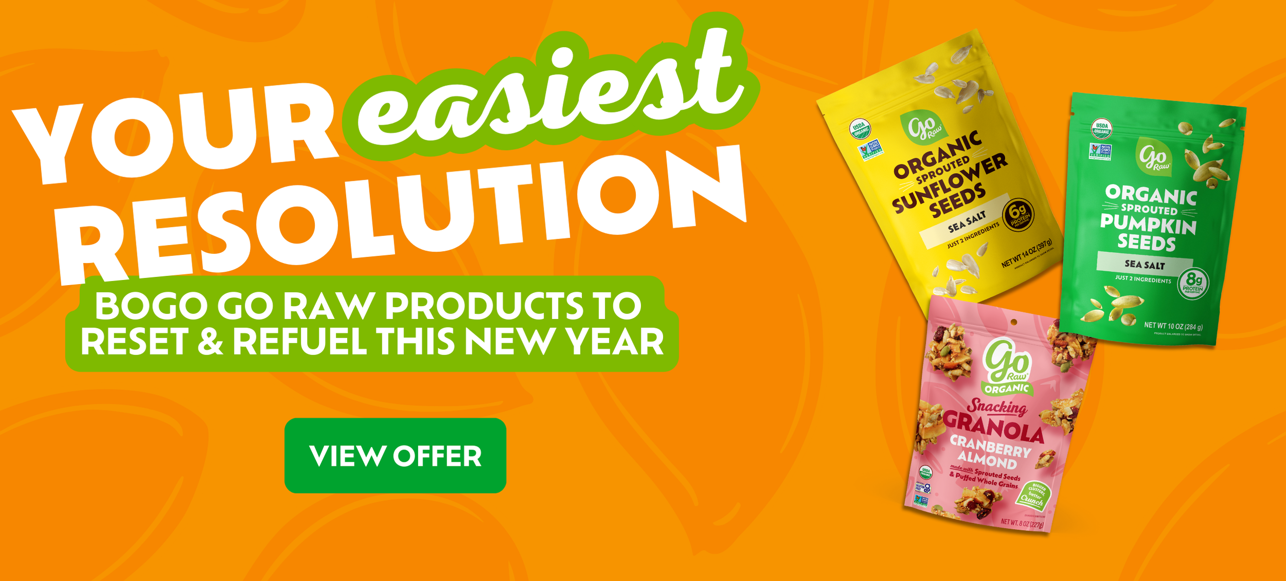 Promotional banner for BOGO Raw products with packaging on an orange background