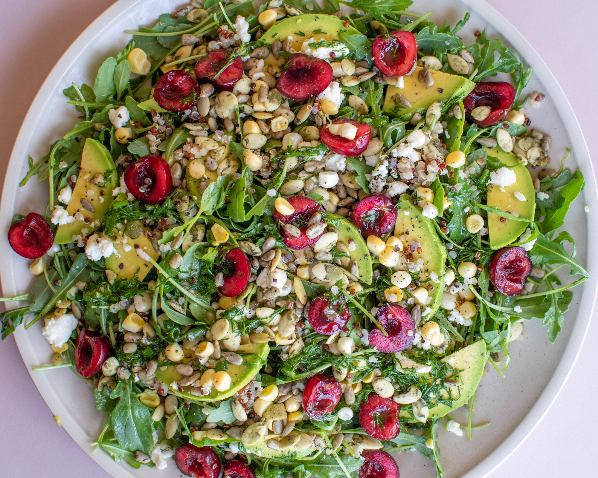 Arugula Salad with Cherries & Go Raw Sprouted Seeds