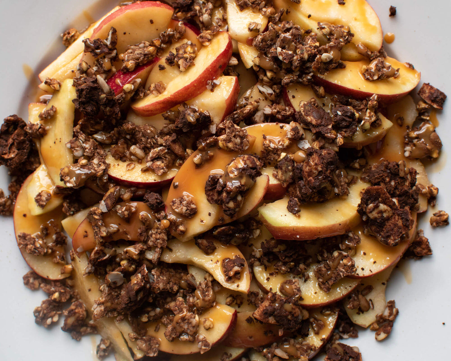 Crunchy Chocolate Caramel Apple Nachos with Go Raw Granola and Coconut Clusters