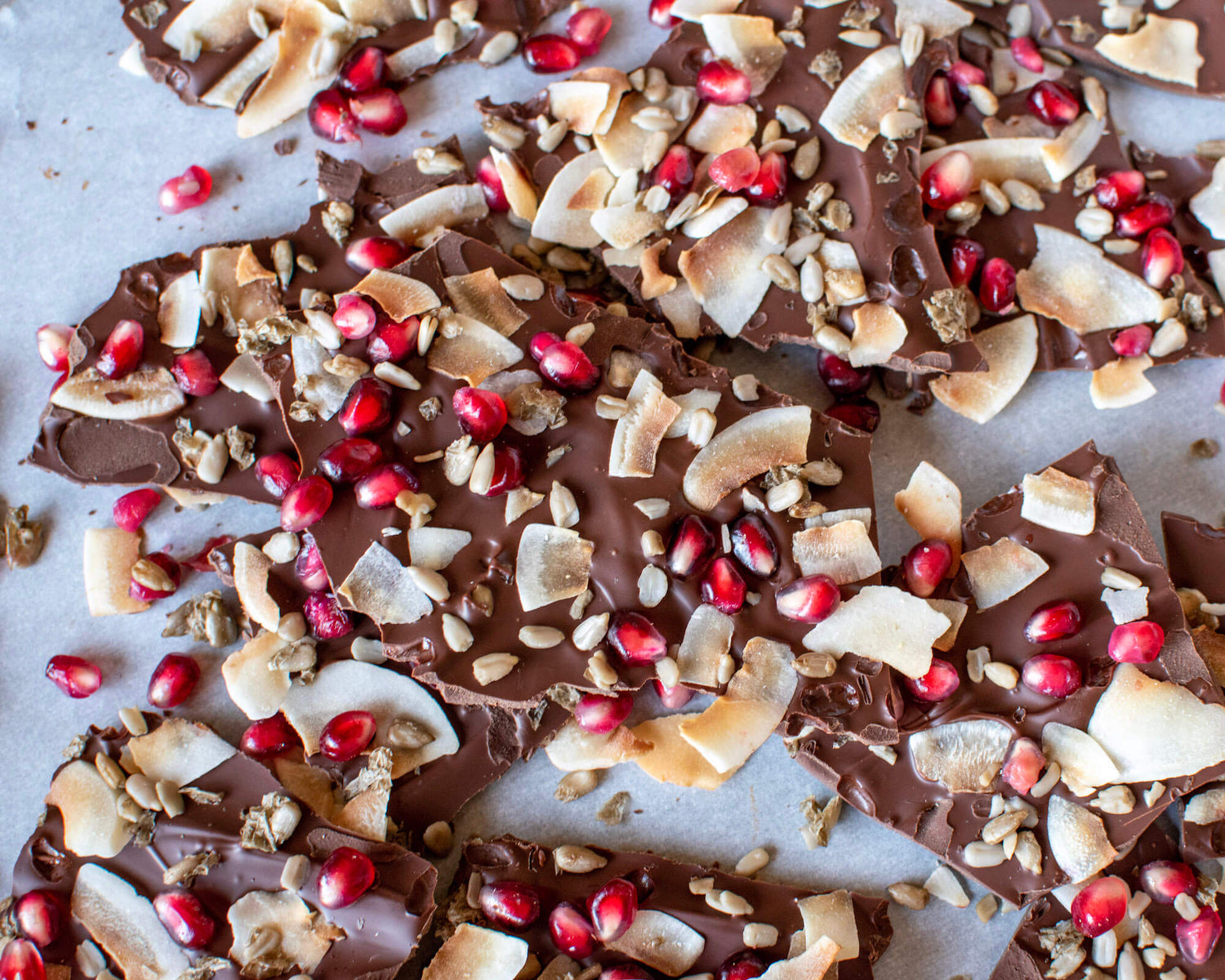 Coconut, Pomegranate, & Sprouted Sunflower Seed Chocolate Bark