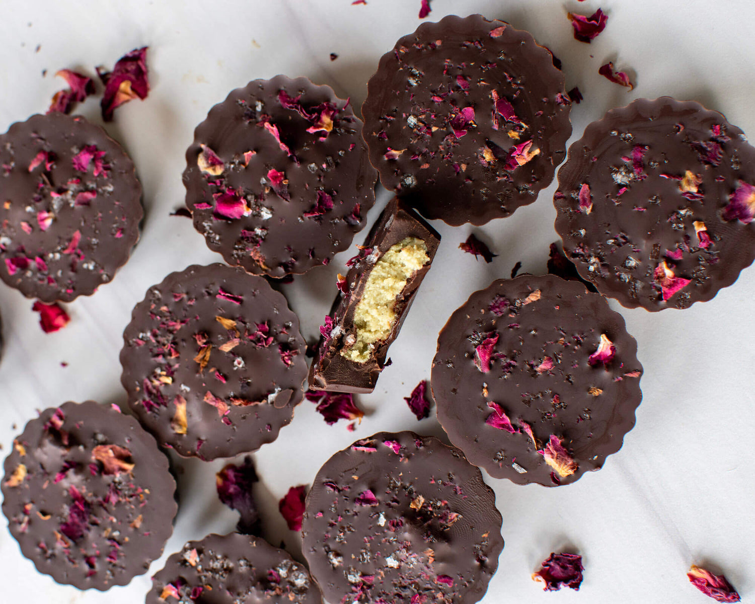 Chocolate Pumpkin Seed Butter Cups with Rose Petals & Flakey Sea Salt