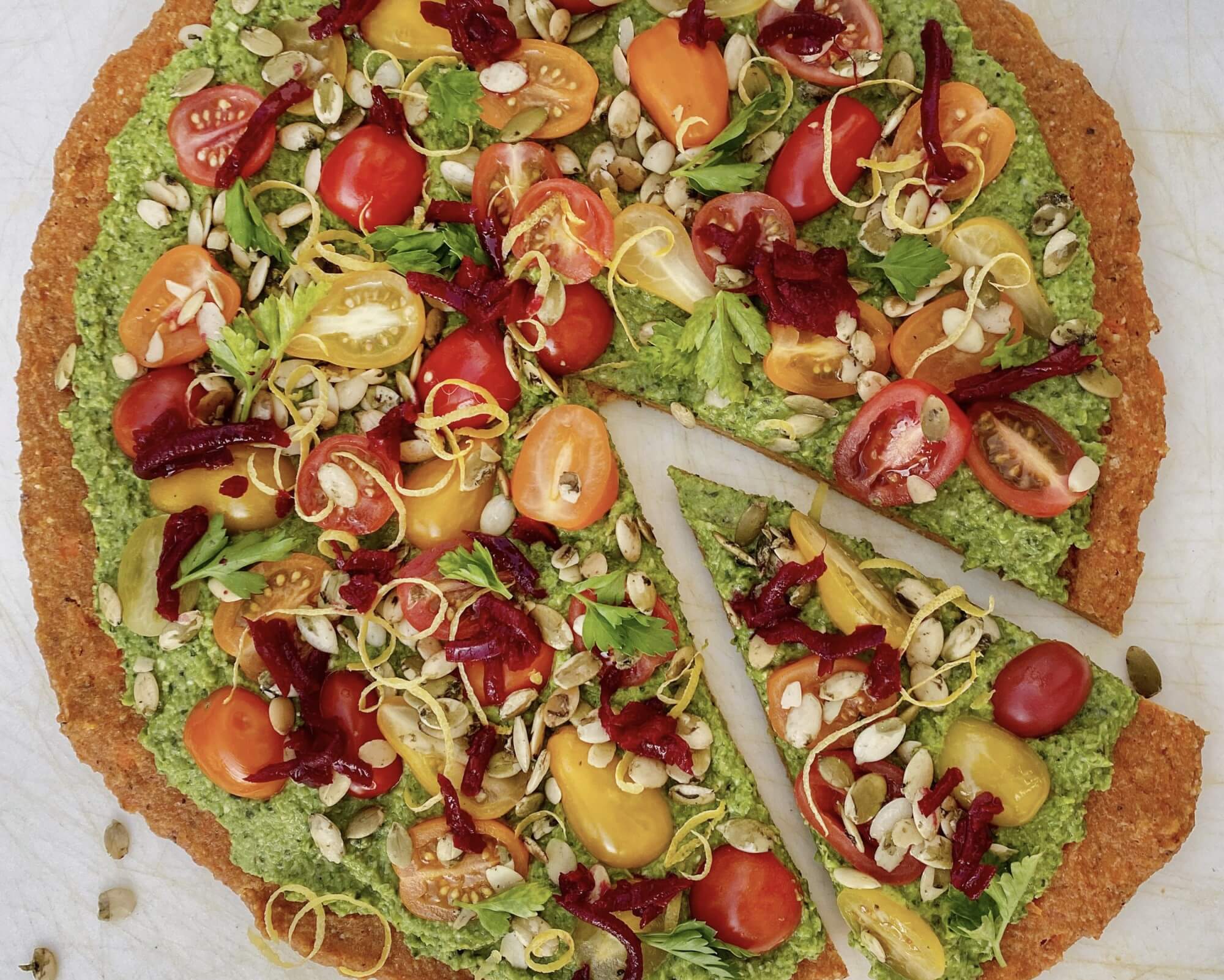 Sweet Potato Pizza with Pea Pesto – Go Raw
